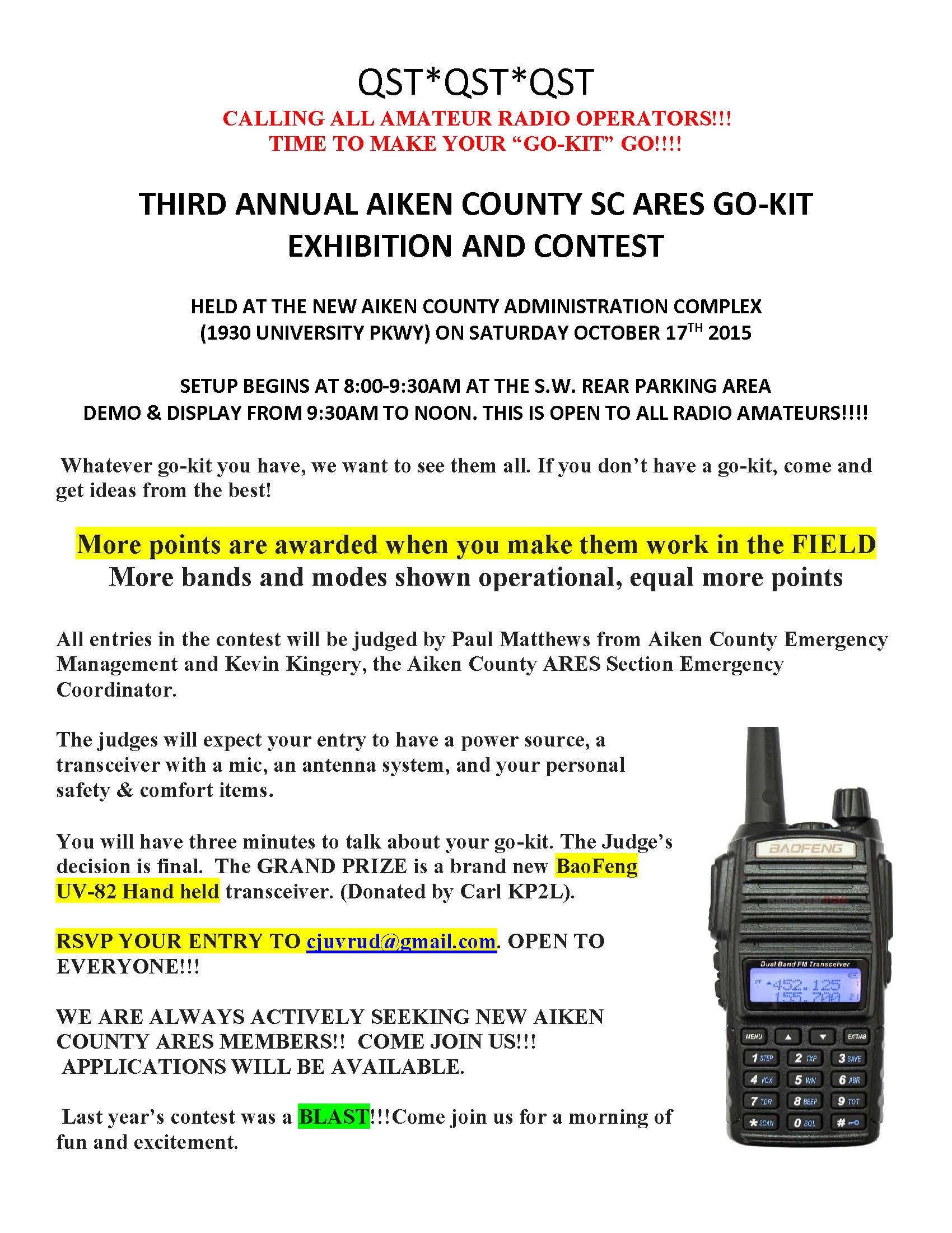 Third Annual Aiken County, SC ARES Go-Kit Exhibition and Contest 10-17-2015